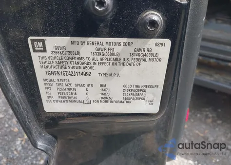 2002 Chevrolet Suburban 1500 Lt z USA, uszkodzony, nr VIN 1GNFK16Z42J114992